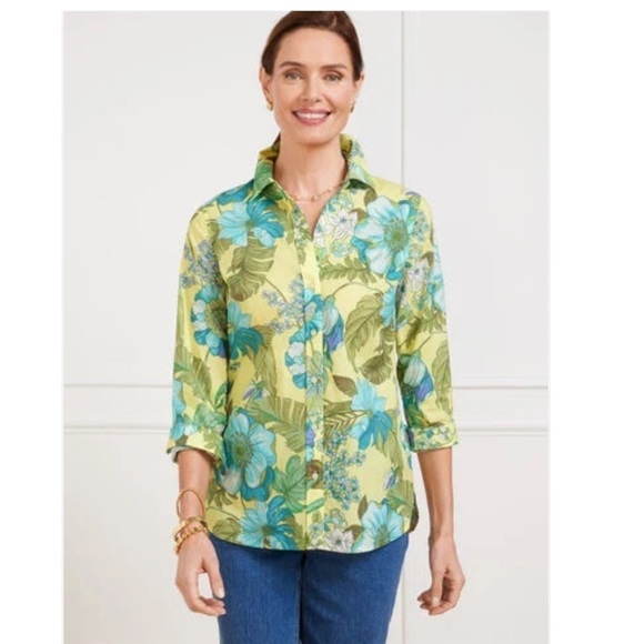 Talbots Tops - Talbots Green Floral Palm Button Down